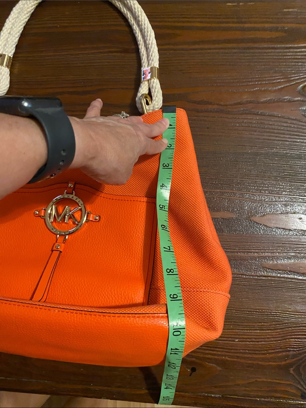 Michael Kors Coral Orange Rope Handle Tote Shoulder Bag Gold MK Medallion - Picture 10 of 15